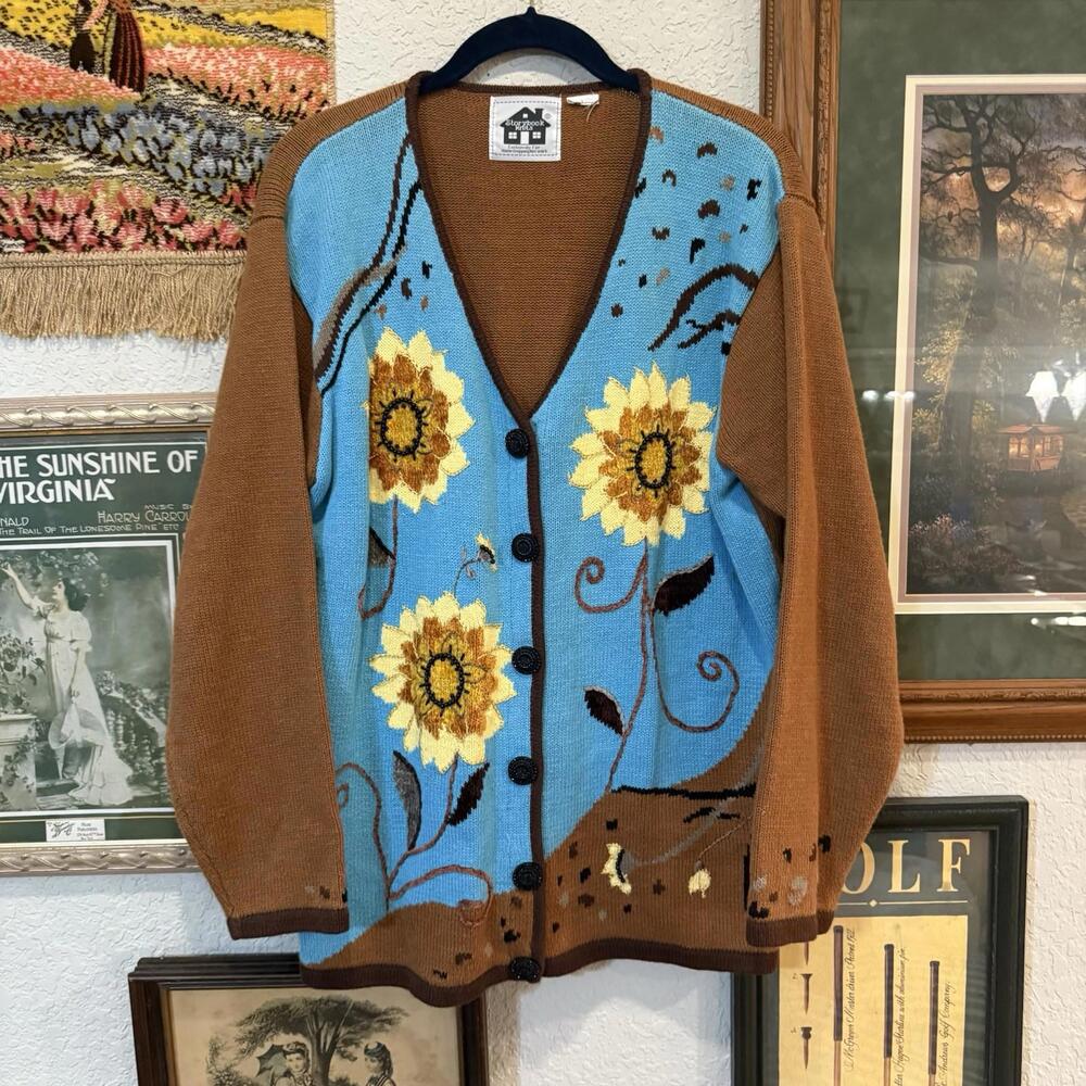 Vintage 90s RARE Womens Storybook Knits‎ Floral Sunflower Cardigan Sweater Large